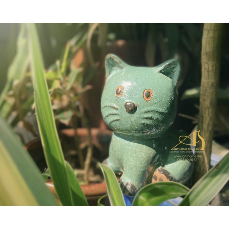 Tượng Mèo ngồi xanh chải, làm bằng gốm men, thích hợp trang trí, làm quà tặng biếu_SH014H24
