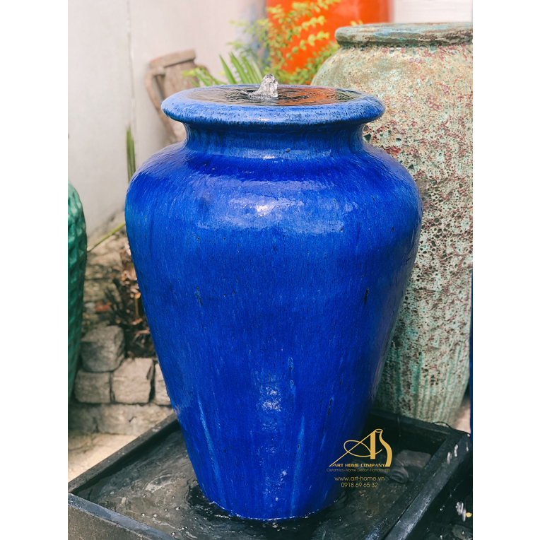 Thác nước gốm men, bình xanh dương, trang trí sân vườn, làm cảnh quan _WF030H110