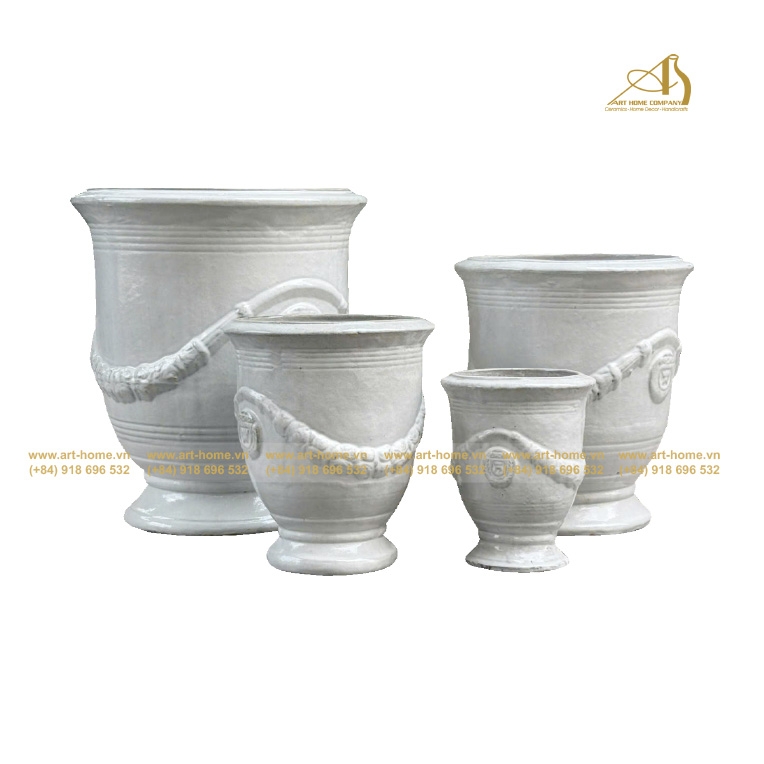 Bộ Chậu Gốm Men Trắng Dáng Cúp Hoa Văn, Trồng Sen, Làm Thác Nước, Trang Trí Sân Vườn