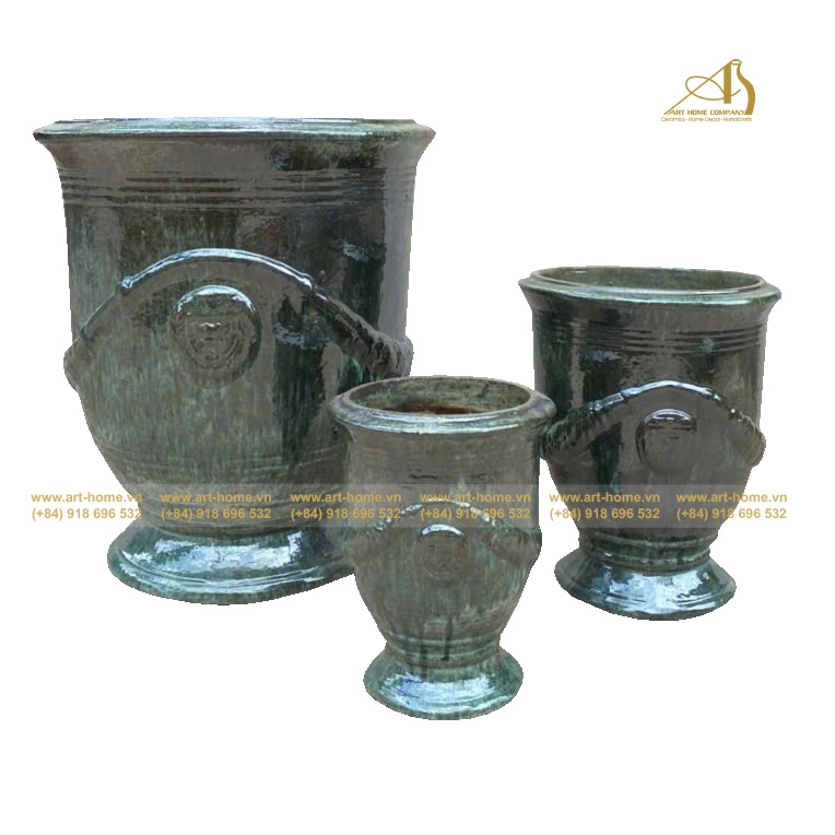 Lu Gốm Men Dáng Cúp Hoa Văn, Màu Rêu, Trồng Sen, Làm Thác Nước, Trang Trí Sân Vườn