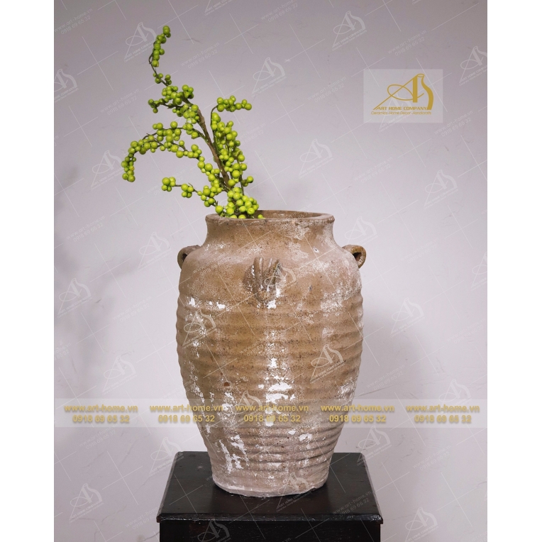 Bình hoa gốm Atlantis ba quai, rỉ nâu trắng, dùng để cắm hoa khô, trang trí nhà cửa, làm quà tặng biếu, hàng xuất khẩu