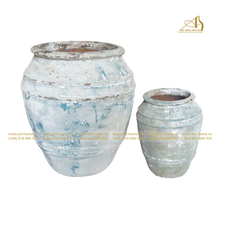 Chậu Gốm New Atlantis, Dáng Lu Tròn, Màu Gỉa Cổ Lãm Có 2 Size , Trồng Cây, làm thác nước, Trang Trí Sân Vườn