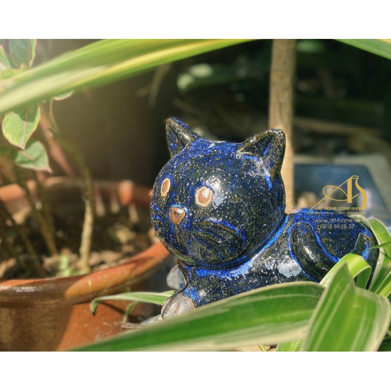 Tượng Mèo kitty nằm xanh chải, làm bằng gốm men, thích hợp trang trí, làm quà tặng biếu_SH011H20