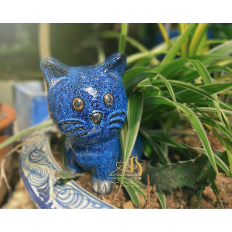 Tượng Mèo ngồi xanh chải, làm bằng gốm men, thích hợp trang trí, làm quà tặng biếu_SH014H24