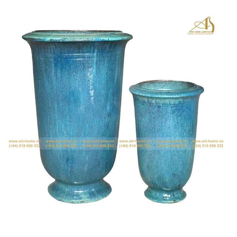 Bộ Chậu Gốm Men Xanh Biển Dáng Cúp Miệng Rộng, Có 2 Size, Trồng Sen, Làm Thác Nước, Trang Trí Sân Vườn