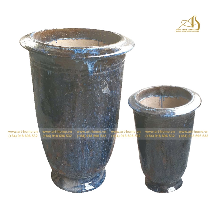 Bộ Chậu Gốm Men Xanh Dáng Cúp Miệng Rộng, Có 2 Size, Trồng Sen, Làm Thác Nước, Trang Trí Sân Vườn