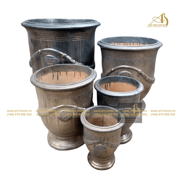 Lu Gốm Men Dáng Cúp Hoa Văn Vàng Đồng, Trồng Sen, Làm Thác Nước, Trang Trí Sân Vườn