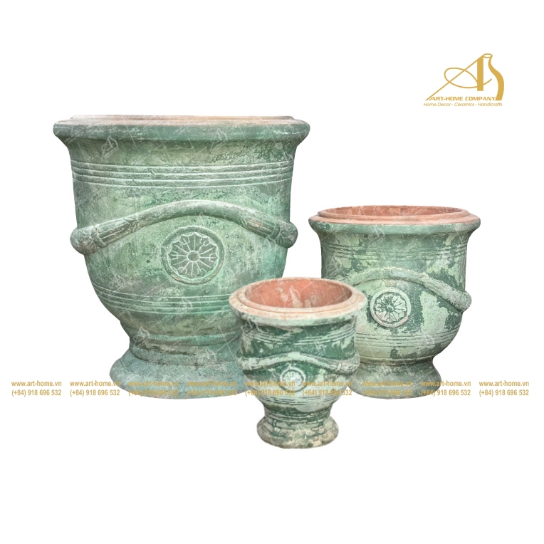 Bộ Chậu Gốm Atlantis Rỉ Xanh, 3 Size, Không Quai, Bề Mặt San Hô, Trồng Cây, Làm Thác Nước, Trang Trí Sân Vườn_AN312H65MO