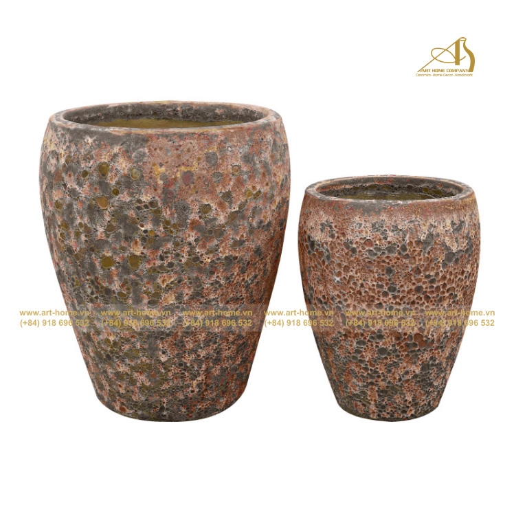 Chậu Gốm men sôi, dáng tròn cao, màu rỉ sét có 3 size, Cắm Hoa, Trồng Cây, Trang Trí Nhà Cửa