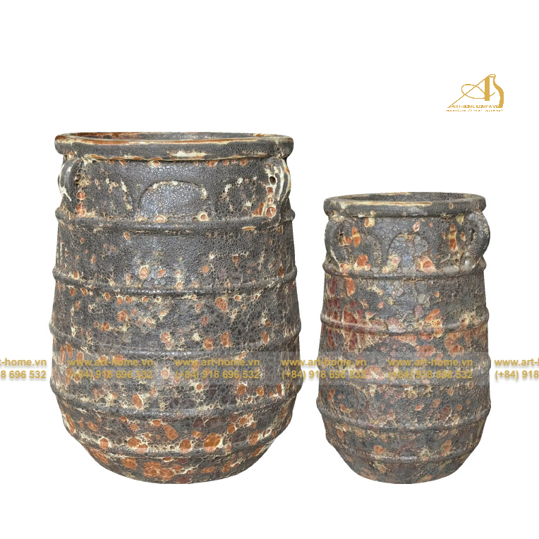 Bộ Chậu Gốm Dáng Lu Giả Cổ Sôi Rỉ Sét, Có Quai, 2 Size, Trồng Cây, Trang Trí Sân Vườn, Làm Thác Nước_AQ190H68RU