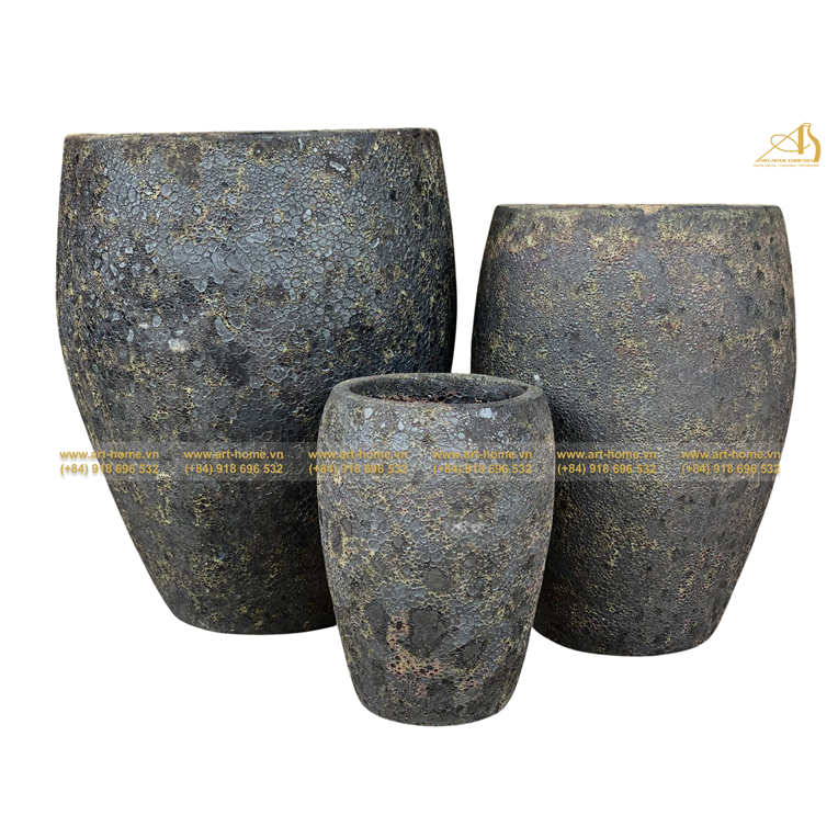 Bộ Chậu Gốm Giả Cổ Sôi Đen LN, Không Quai, 3 Size, Trồng Cây, Trang Trí Sân Vườn_AQ191H60BL