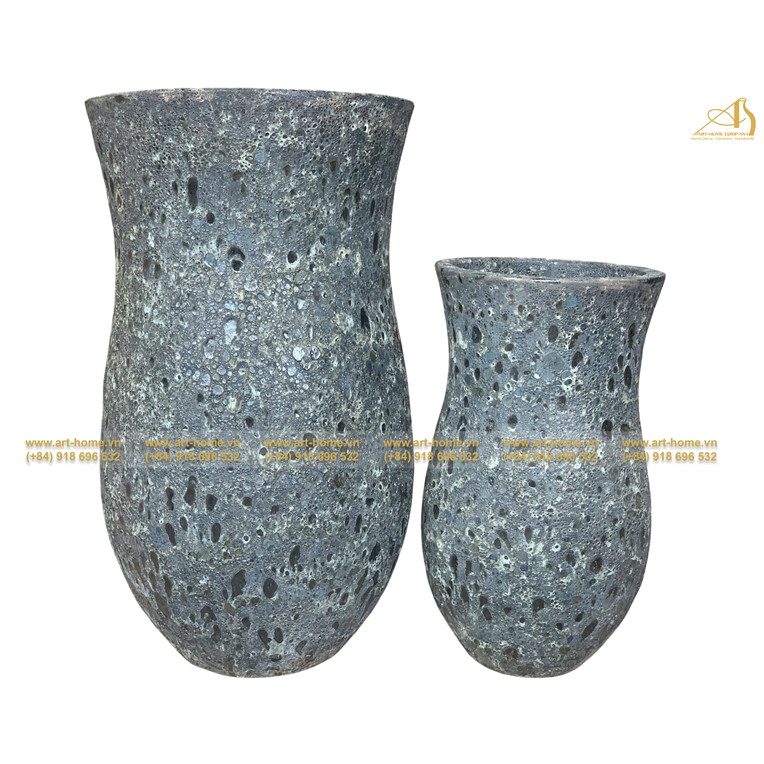 Bộ Chậu Gốm Giả Cổ Sôi Đen Bóng, Không Quai, 2 Size, Trồng Cây, Trang Trí Sân Vườn_AQ221H100BLS