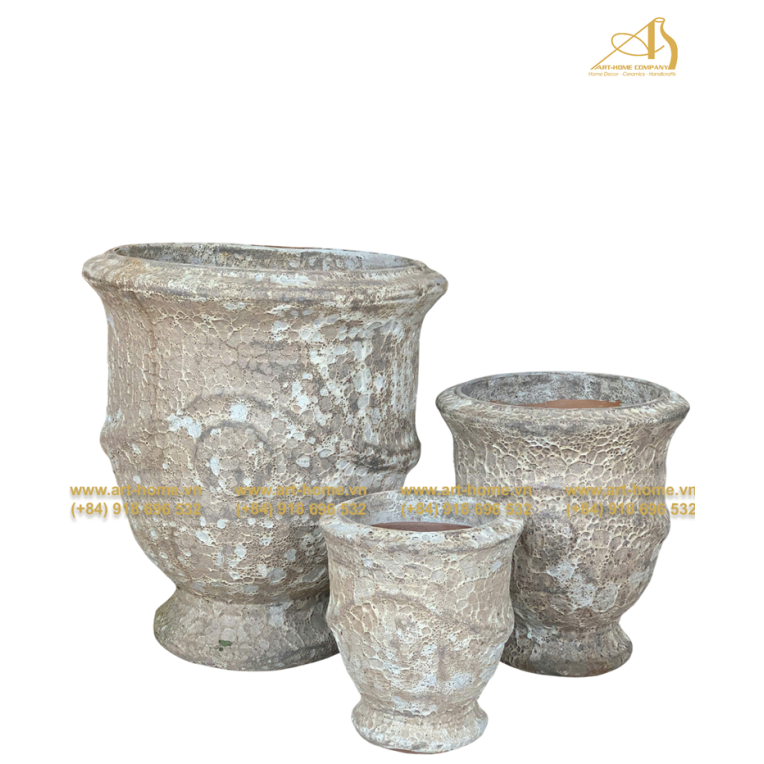 Bộ Chậu Gốm Giả Cổ Dáng Cúp Sôi Trắng, Không Quai, 3 Size, Trồng Cây, Trang Trí Sân Vườn_AQ312H65WH