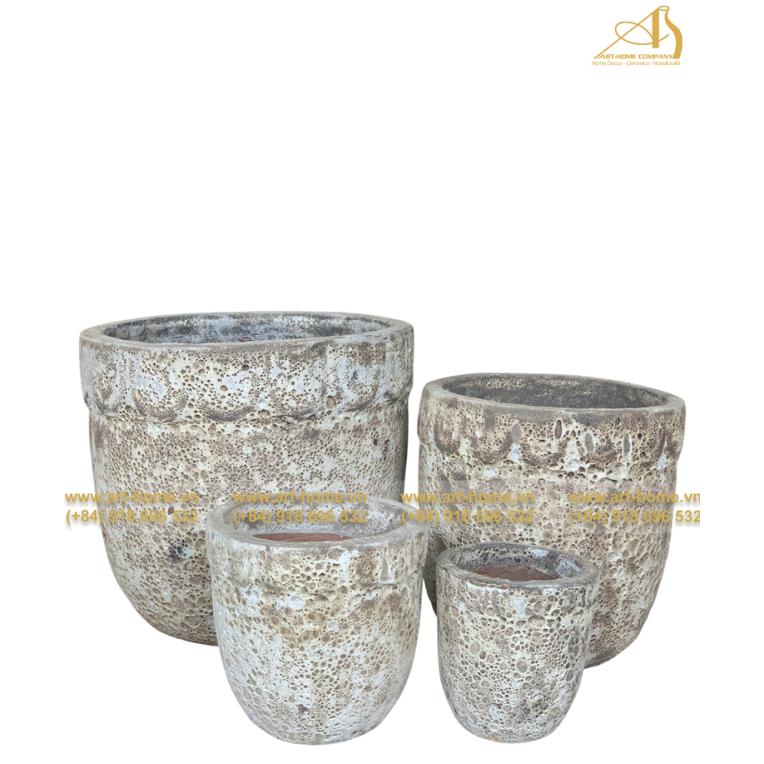 Bộ Chậu Gốm Giả Cổ Sôi Trắng, Không Quai, 4 Size, Trồng Cây, Trang Trí Sân Vườn_AQ337H50WH