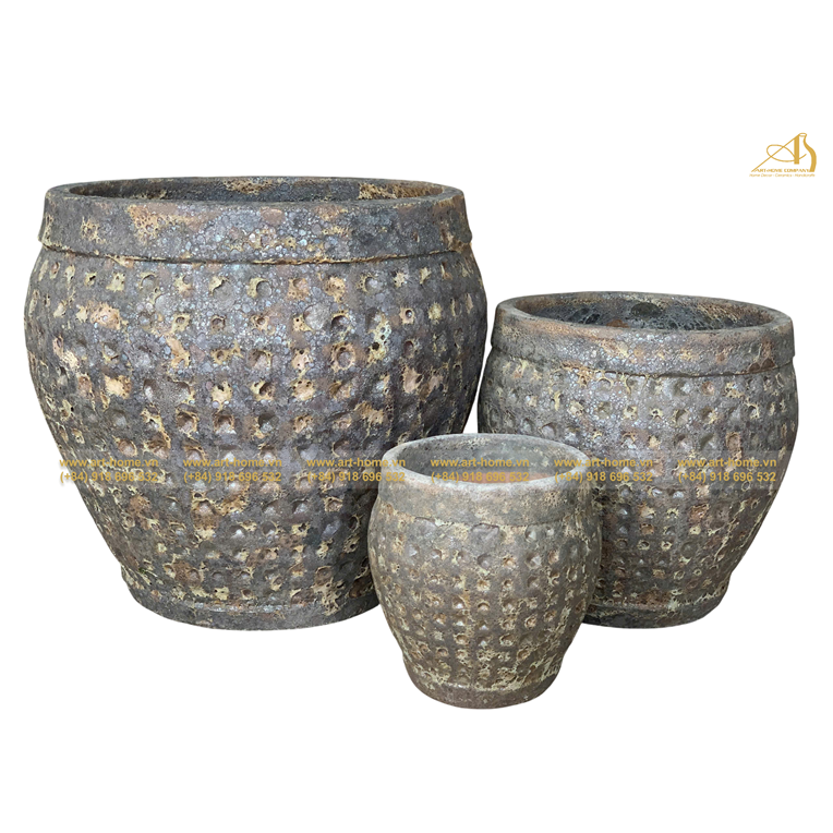 Bộ Chậu Gốm Giả Cổ Sôi Đen PT, Không Quai, 3 Size, Trồng Cây, Trang Trí Sân Vườn_AQ425H58BLB