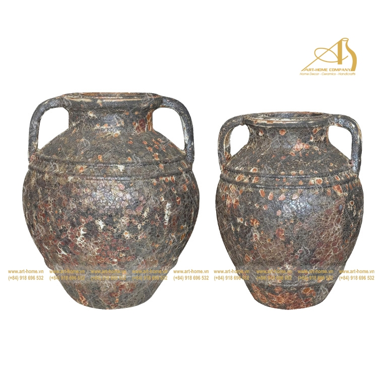 Bộ Chậu Gốm Dáng Lu Giả Cổ Sôi Rỉ Sét, 2 Size, Trồng Cây, Trang Trí Sân Vườn_AQ602H69RU
