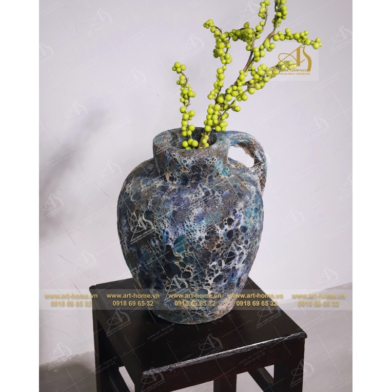 Bình Hoa Gốm Giả Cổ Sôi Xanh Dương Có 1 Quai, Dùng Để Cắm Hoa, Trang Trí Nhà Cửa_AQ620H30BU