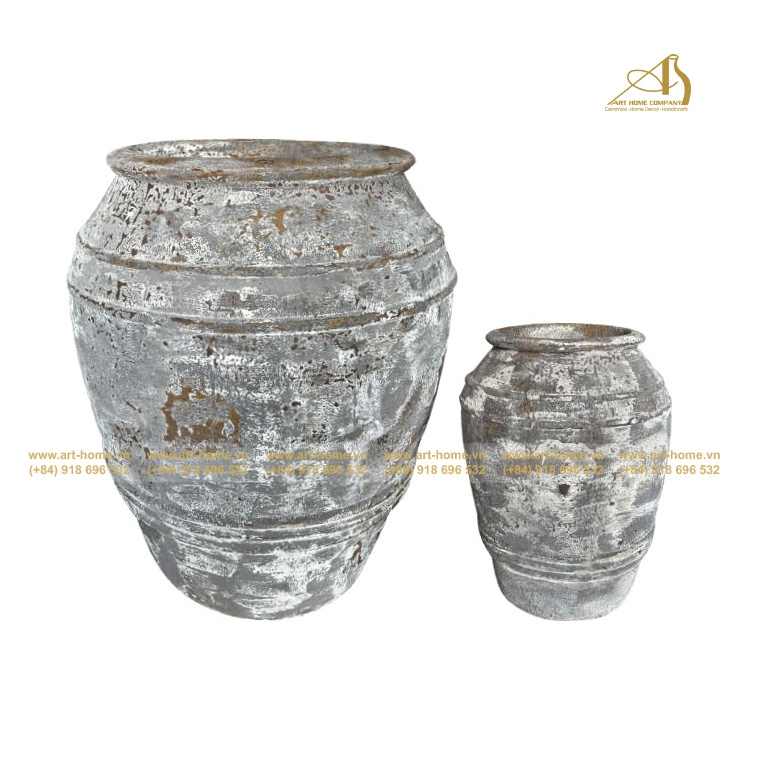 Chậu Gốm New Atlantis, Dáng Lu Tròn, Màu Gỉa Cổ, Có 2 Size , Trồng Cây, làm thác nước, Trang Trí Sân Vườn
