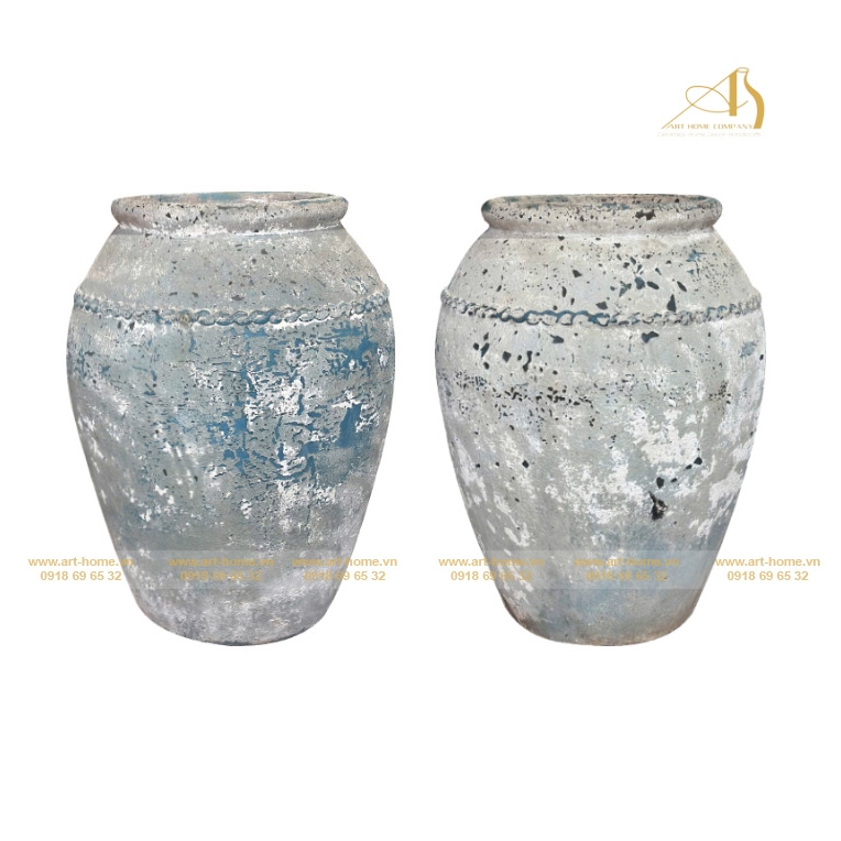 Chậu Gốm New Atlantis, Dáng Lu Chỉ Tròn, Màu Gỉa Cổ Lãm, Trồng Cây, làm thác nước, Trang Trí Sân Vườn