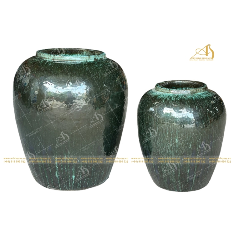 Bộ Chậu Gốm Men Xanh Rêu Không Quai, 2 Size, Trồng Cây, Trang Trí Nhà Cửa, Sân Vườn_GL212H56MO