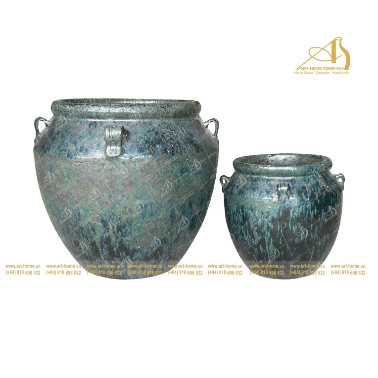 Bộ Chậu Gốm Men Xanh Ngọc Trổ Dáng Tròn Có Quai, 2 Size, Trồng Cây, Trang Trí Nhà Cửa, Sân Vườn_GL412H50GP