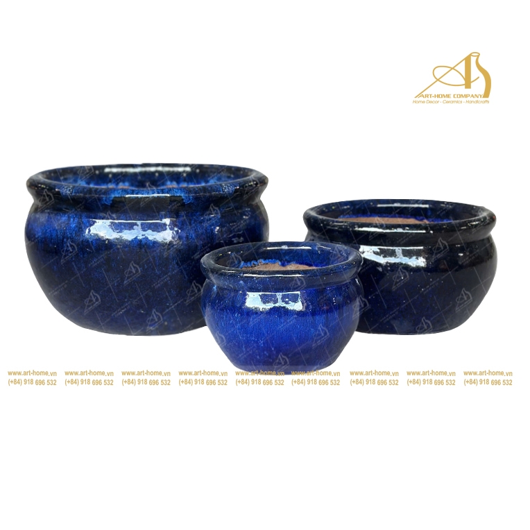 Bộ Chậu Gốm Men Xanh Dương Đậm Dáng Tô Không Quai, 3 Size, Trồng Cây, Trang Trí Nhà Cửa, Sân Vườn_GL432H27DBU