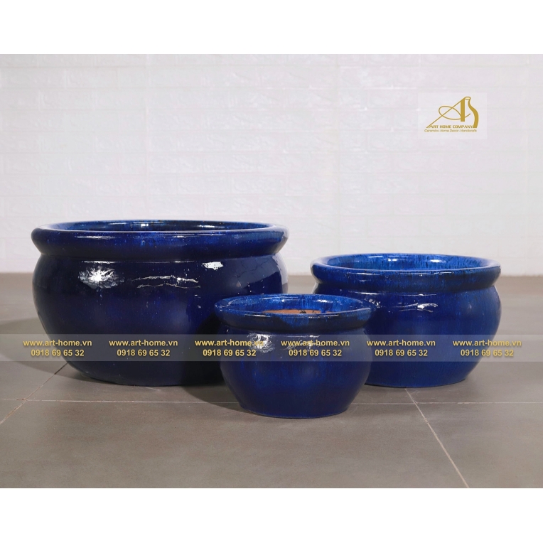 Bộ Chậu Gốm Men Xanh Dương Đậm Dáng Tô Không Quai, 3 Size, Trồng Cây, Trang Trí Nhà Cửa, Sân Vườn_GL432H27DBU