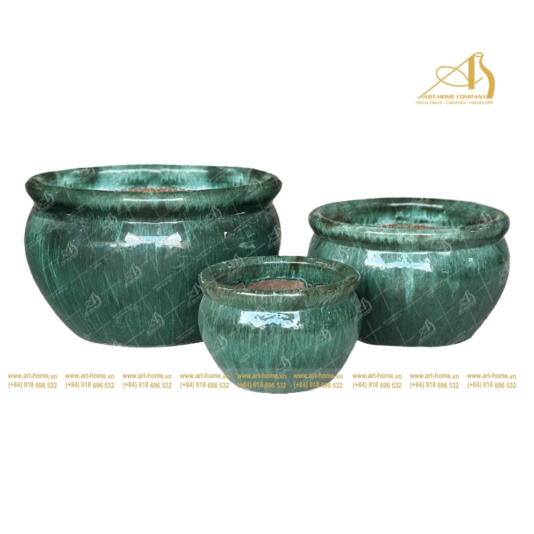 Bộ Chậu Gốm Men Xanh Rêu Dáng Tô Không Quai, 3 Size, Trồng Cây, Trang Trí Nhà Cửa, Sân Vườn_GL432H27MO
