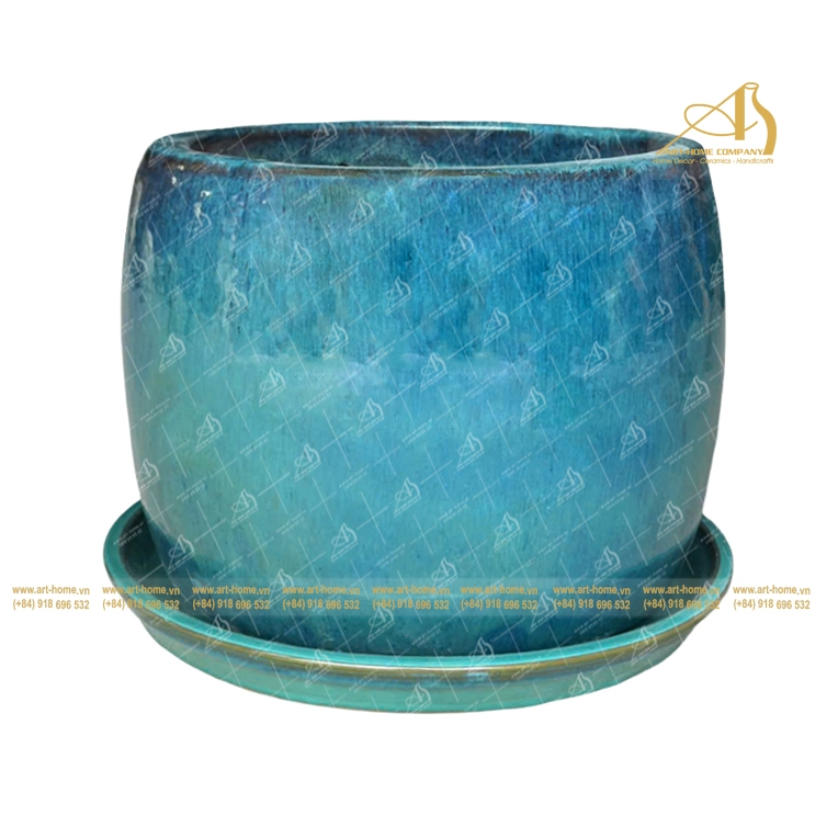 Chậu Gốm Men Xanh Chảy Dáng Trụ  Không Quai, Size Lớn Nhất, Trồng Cây, Trang Trí Nhà Cửa, Sân Vườn_GL527H34JA 