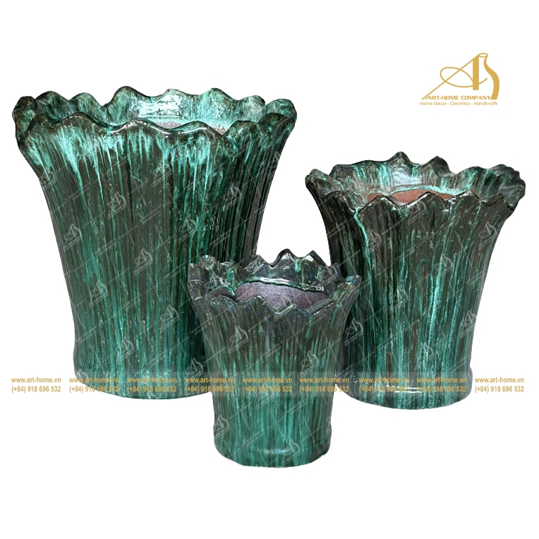 Bộ Chậu Gốm Men Xanh Rêu Dáng Cúp Không Quai, 3 Size, Trồng Cây, Trang Trí Nhà Cửa, Sân Vườn_GL545H44MO