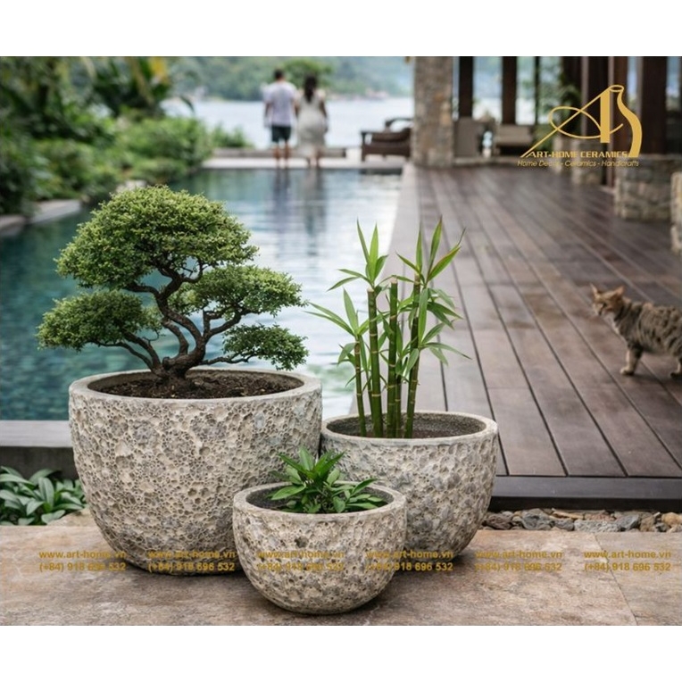 Bộ Chậu Gốm Dáng Trứng Giả Cổ Sôi Trắng, 3 Size, Trồng Cây, Trang Trí Sân Vườn_AQ497H39WH