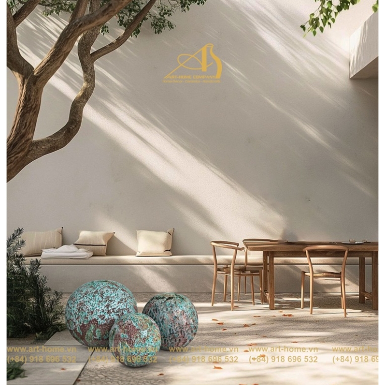 Bộ Chậu Gốm Dáng Tròn Giả Cổ Sôi Xanh Đồng, 3 Size, Cắm Hoa, Trang Trí Sân Vườn_AQ546H50GR