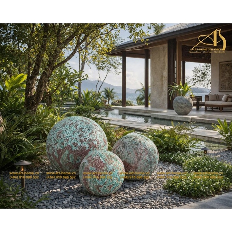 Bộ Chậu Gốm Dáng Tròn Giả Cổ Sôi Xanh Đồng, 3 Size, Cắm Hoa, Trang Trí Sân Vườn_AQ546H50GR