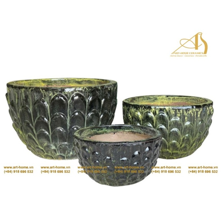 Bộ Chậu Gốm Men Đen Bóng Tủa Bơ Dáng Tô Không Quai, 3 Size, Trồng Cây, Trang Trí Nhà Cửa, Sân Vườn_GL497H39BLAR