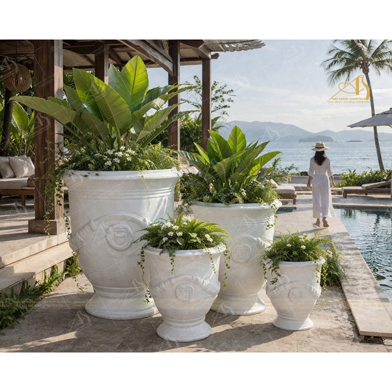 Bộ Chậu Gốm Men Trắng Dáng Cúp Không Quai, 4 Size, Trồng Cây, Trang Trí Nhà Cửa, Sân Vườn_GL377H73WH